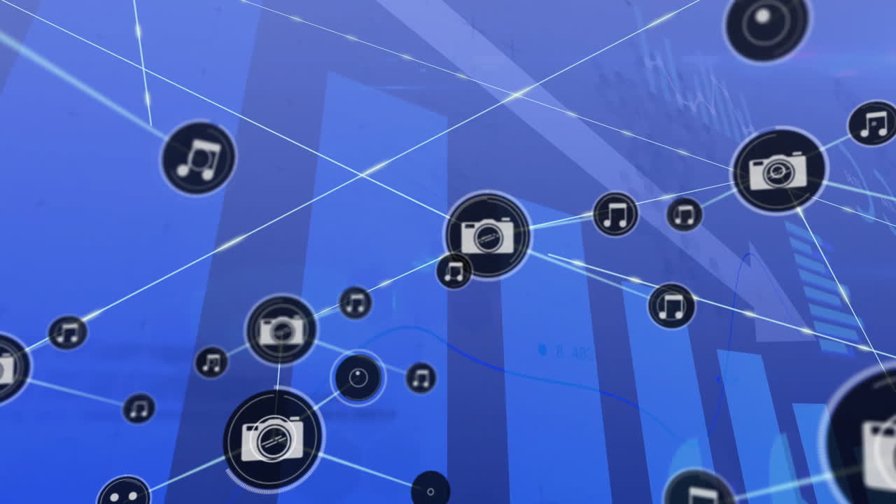 animación del procesamiento de datos financieros a través de una red de conexiones con iconos