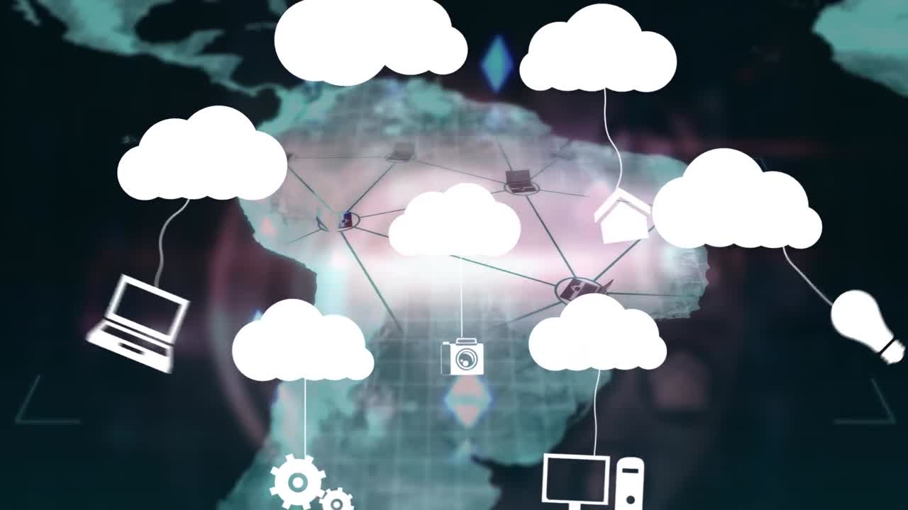 animación de nubes digitales con diversos dispositivos informáticos sobre el mapa del mundo