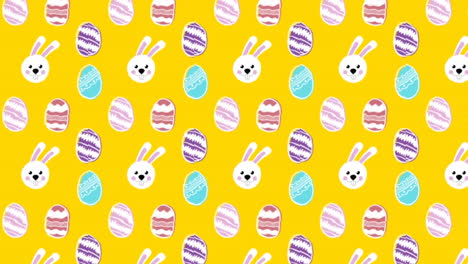animación de huevos de pascua con patrones y conejitos de pascua moviéndose en filas sobre fondo amarillo