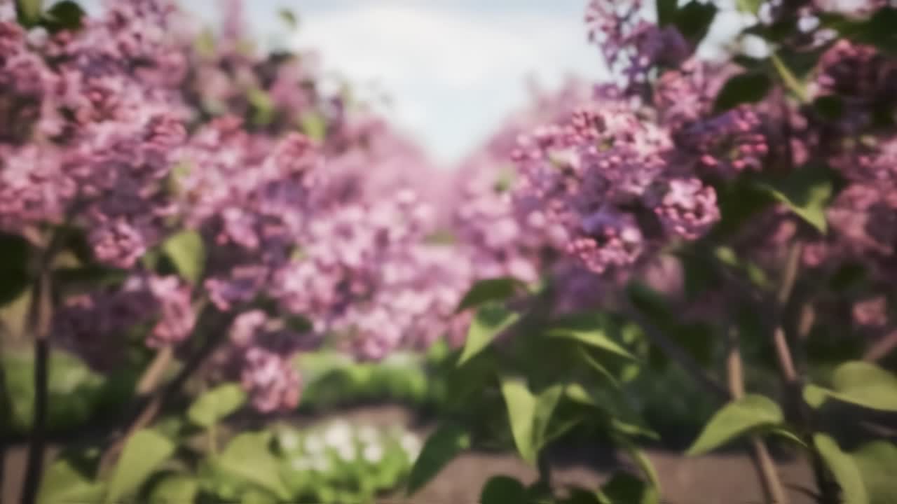 In the sunny garden, lilac flowers are in full bloom, creating a picturesque landscape. The gentle breeze enhances the vibrant colors and sweet fragrance of spring.