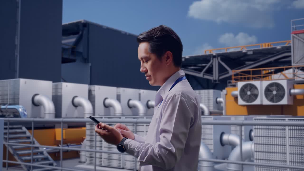 Vista Lateral de um Profissional Asiático em Pé, Inspecionando Unidades de HVAC no Telhado. Ele Observa Olhando para Cima, Depois se Concentra no Telefone e Continua Verificando.