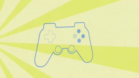 animation of blue gaming console over sunburst against yellow background