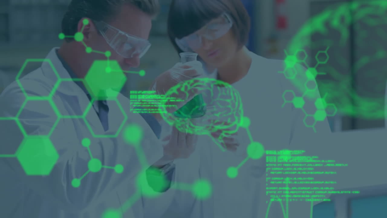 animación del procesamiento de datos científicos sobre diversos científicos en el laboratorio