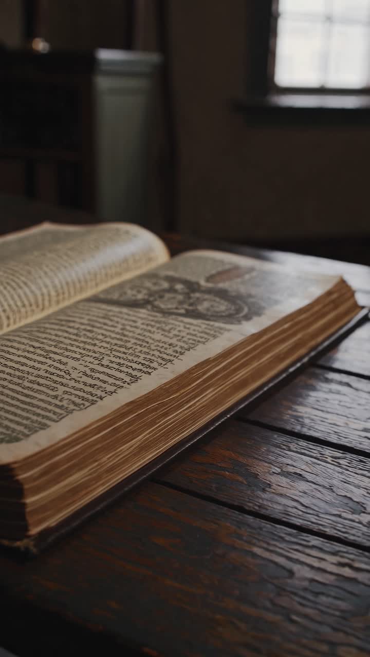 A vintage book lies open on a wooden table, captured from a low angle