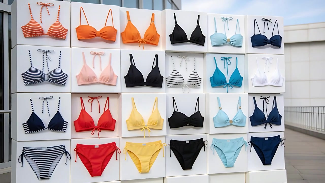 Cámara panorámica revelando conjuntos de bikini dispuestos en una cuadrícula de 5x5 sobre cubos blancos apilados en un tejado, mostrando la exhibición.