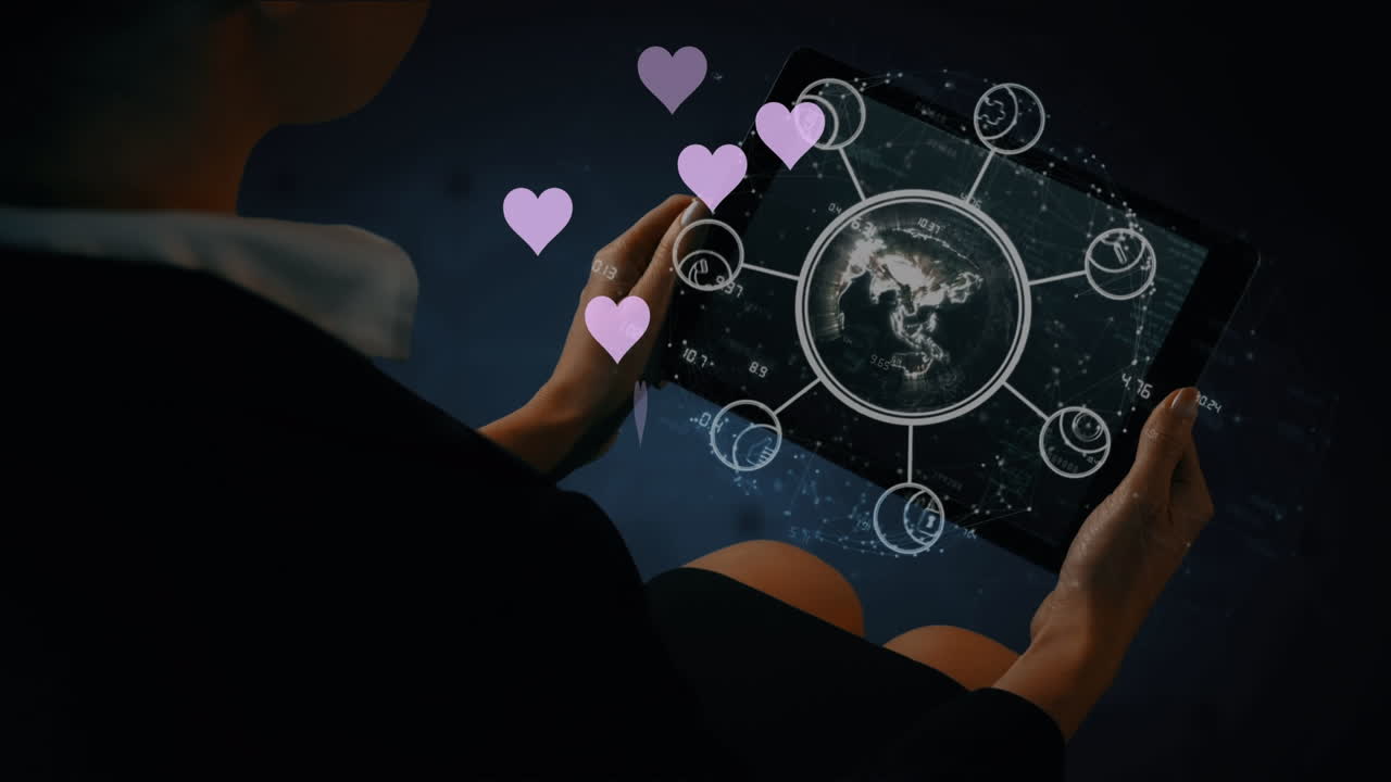 태블릿을 사용하는 백인 여성의 아이콘과 손으로 지구상에 떠다니는 심장의 애니메이션