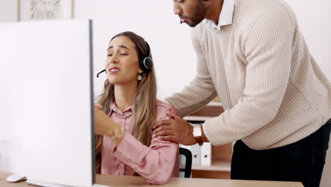 call center, sad woman and manager helping