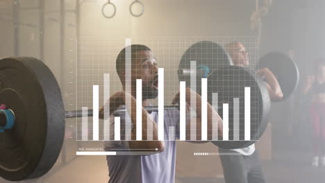 animation of data processing on graph over diverse men weight training with barbells at gym