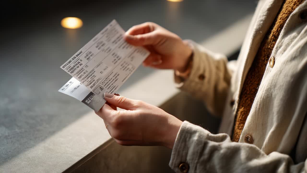 A close-up view of a person holding printed tickets or receipts, featuring clear details of the information printed on them, captured in a softly lit environment with blurred background elements enhancing the focus on the documents
