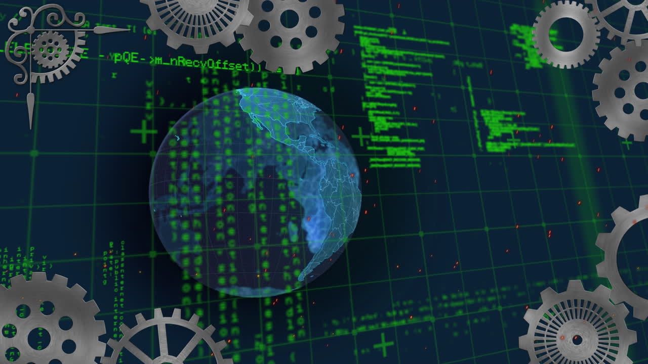 animación del globo y los engranajes sobre el procesamiento de datos en fondo negro