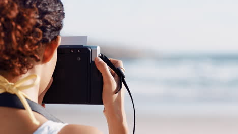 woman, photographer and beach for photo view