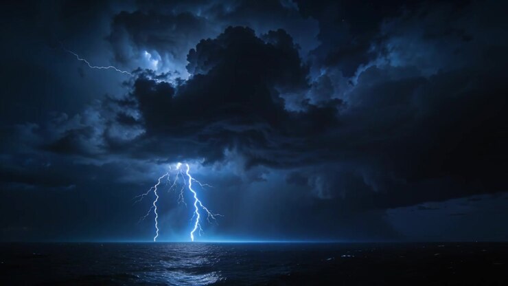 Nuvola cumulonembo che si illumina con un fulmine che scende, scagliando saette sul mare, illuminando l'orizzonte e l'acqua.