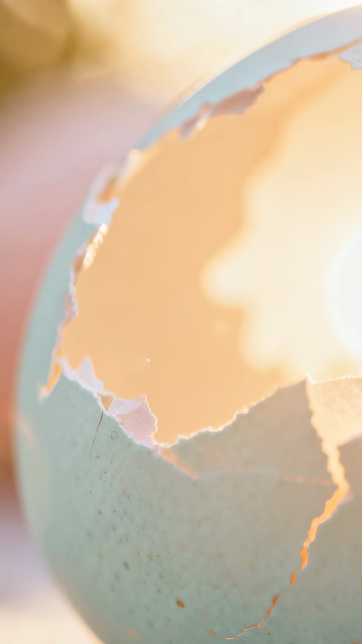 Vertical video: Camera shifting, showing cracked turquoise eggshell on tabletop, warm light glowing