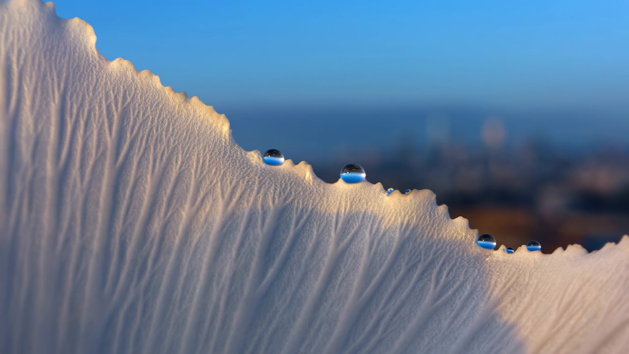 Escena macro panorámica mostrando gotas de agua esféricas descansando a lo largo de un borde pálido festoneado de una superficie finamente texturizada, con luz de borde cálida, reflejos de cielo azul, desenfoque suave y un ambiente tranquilo y minimalista