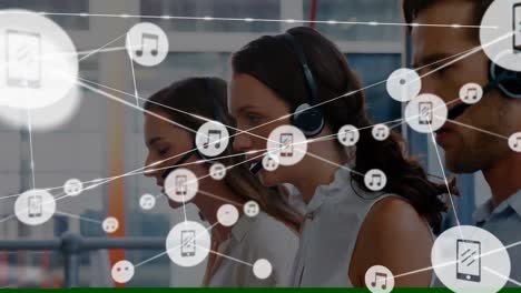 Animation-of-network-of-connections-and-icons-over-business-people-wearing-headsets