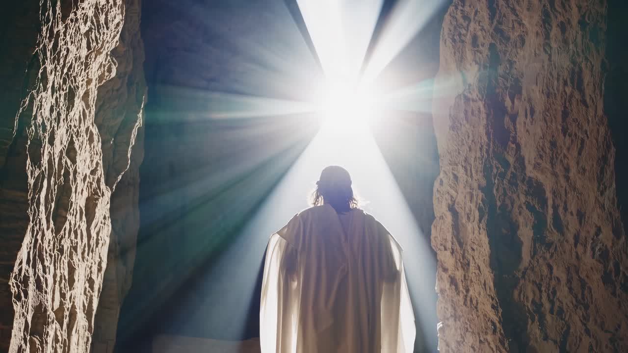 Una scena video spettacolare che cattura la luce del sole che filtra attraverso l'entrata di una grotta, ripresa da una angolazione della camera bassa