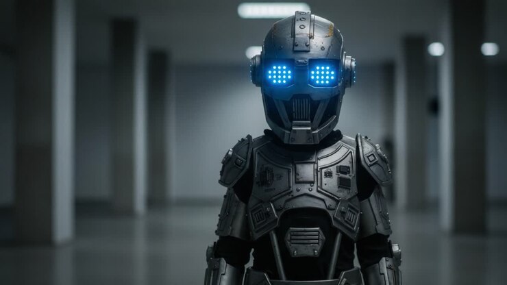 Un robot futuristico si erge sicuro di sé in un corridoio industriale, mettendo in mostra una tecnologia avanzata con luci fluorescenti che illuminano il suo formidabile design metallico.