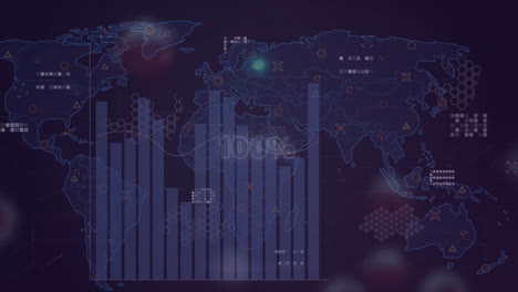 animation of statistical data processing and covid-19 cells over world map on blue background