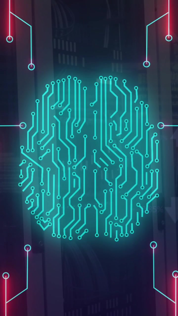 Animation of circuit board pattern brain over data server systems in server room