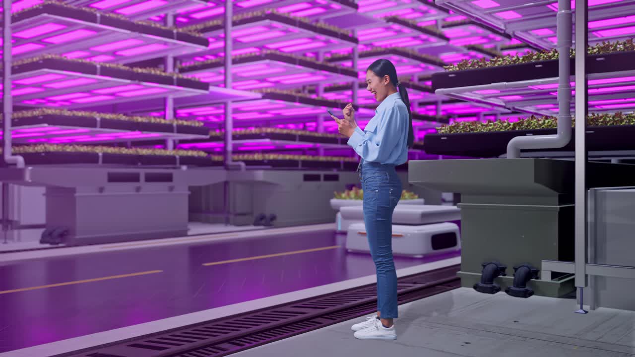 Full Body Side View Of An Asian Female Professional Worker Standing With Her Phone In Vertical Farm, High-tech Industrial Facility, She Raises Her Fist Up With Screaming Goal