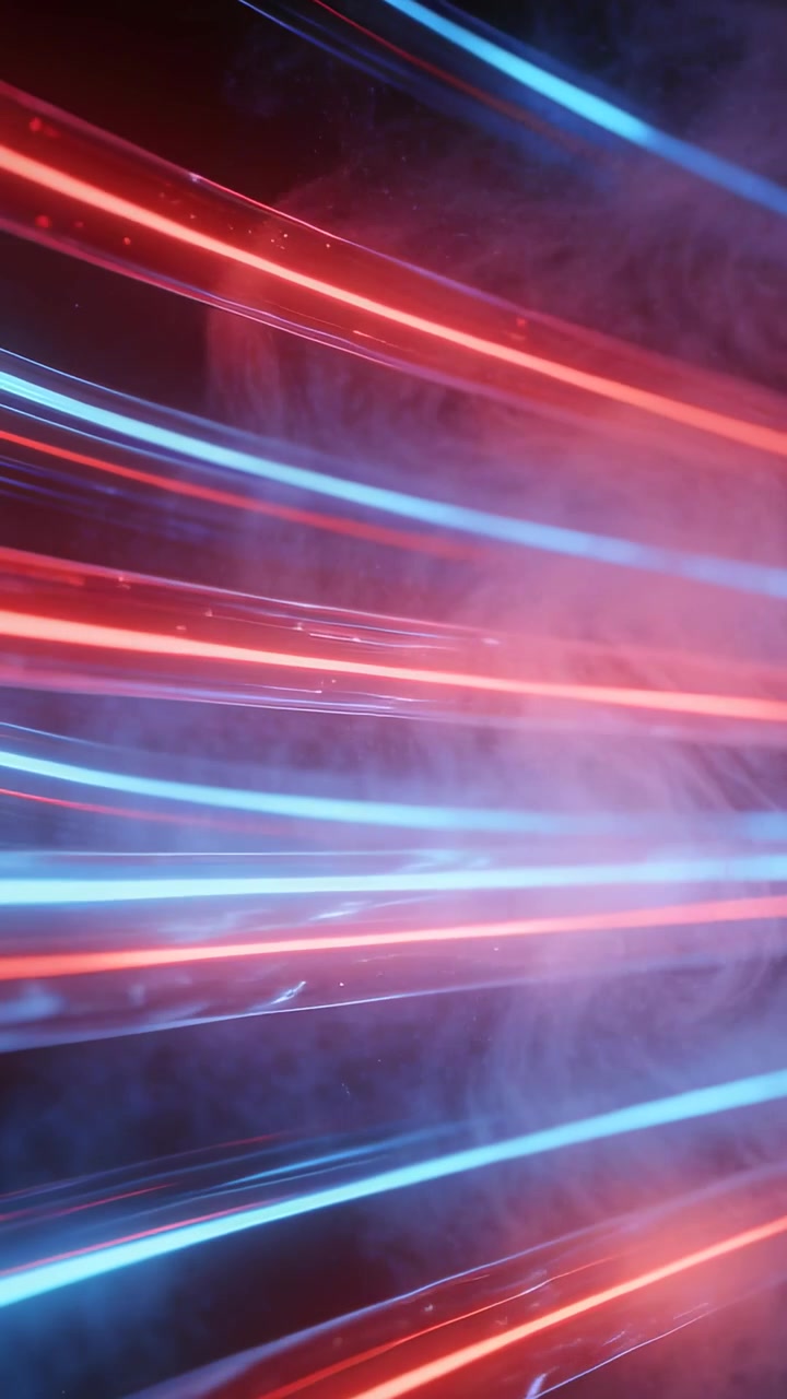 Video verticale: Avvio della riproduzione che causa bande neon rosse e blu che si spostano scorrendo su una nebbia scura da studio