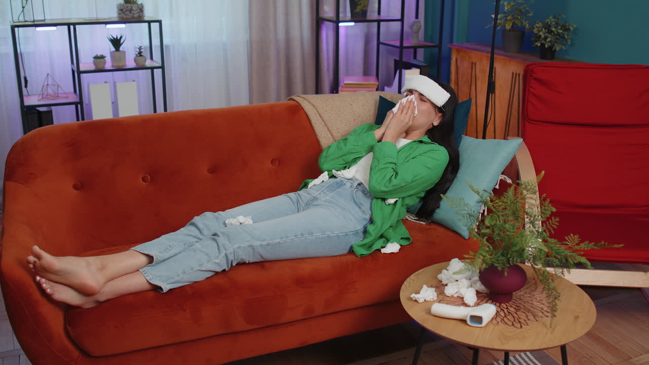 감기 나 알레르기 를  ⁇ 고 있는 아픈 여자 가 집 의 소파 에 누워 재채기 를 하고  ⁇ 데기 에  ⁇  을  ⁇ 는다