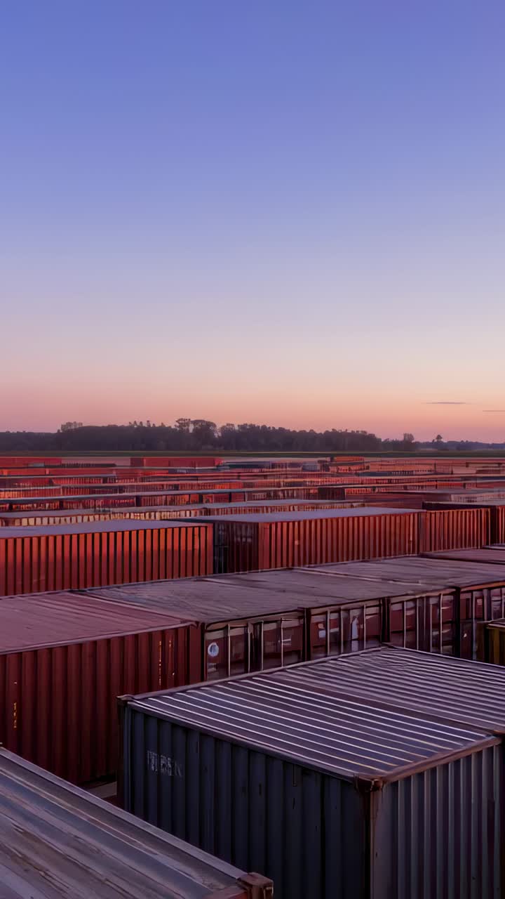 Vertical video: Tilting camera revealing stacked containers at yard, emphasizing rows at dusk