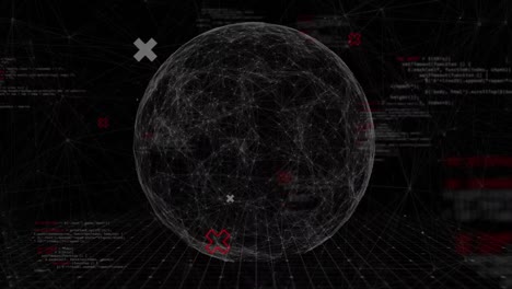 Animation-of-globe-spinning-network-of-connections-with-data-processing-on-black-background
