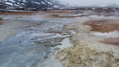 panoramic view of smoking fumaroles and boiling mud pots in hverir geothermal field in iceland