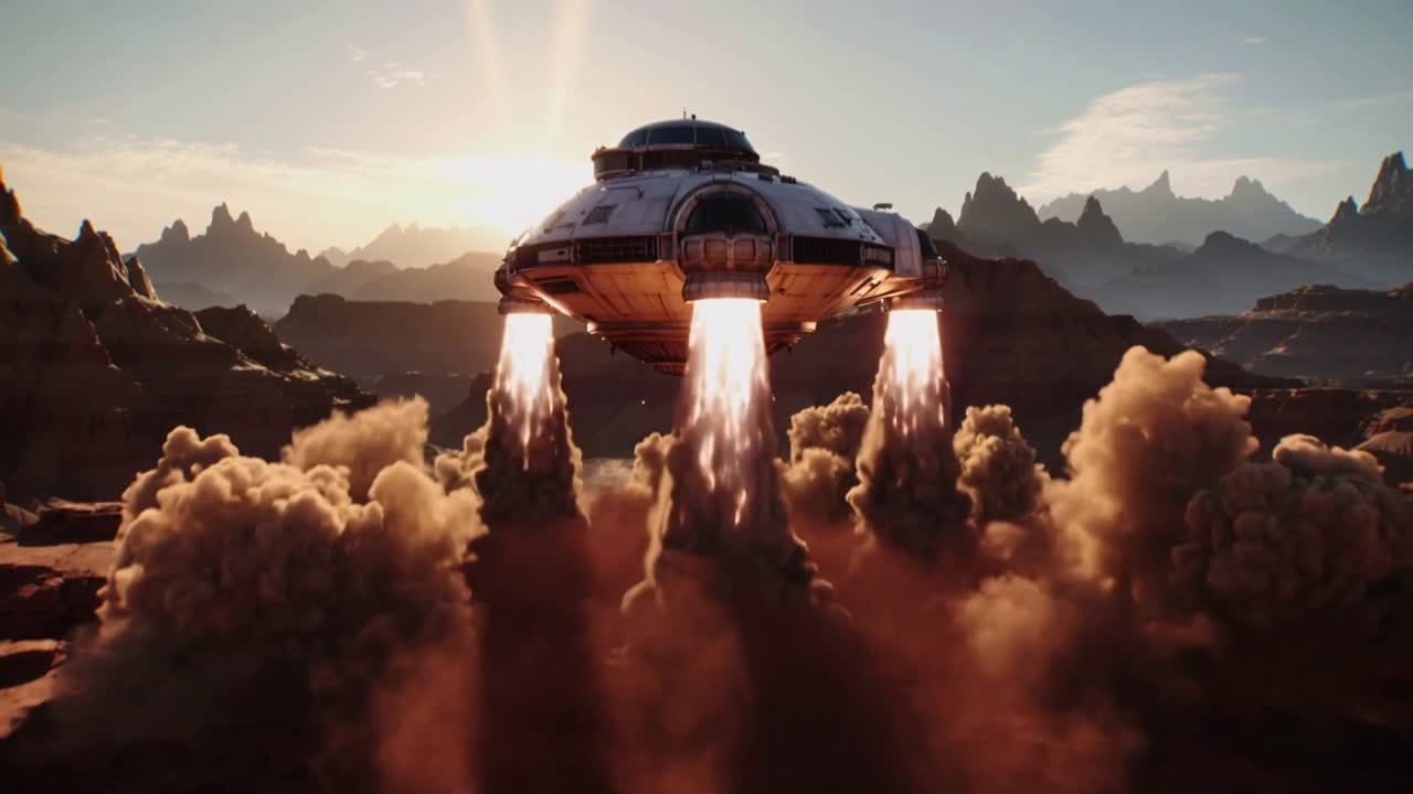 Igniting downward thrusters saucer craft ascending from red plateau, leaving with dense dust plumes