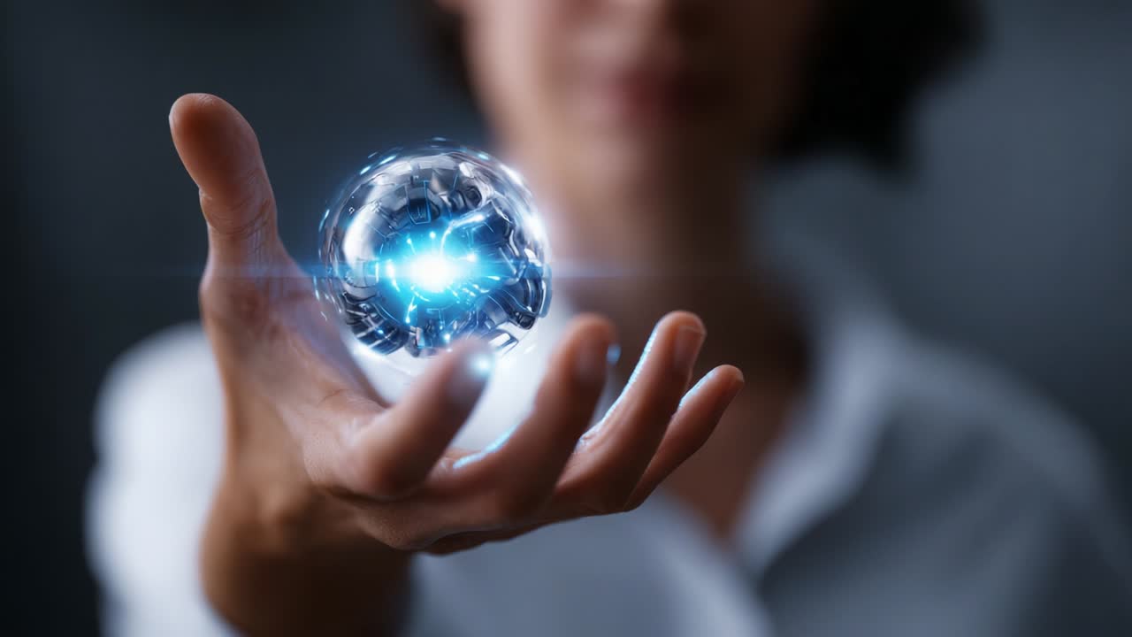 A visionary individual holds a glowing sphere in their hand, symbolizing innovation and the future of technology, as intelligent design and human creativity converge in a stunning display of possibilities
