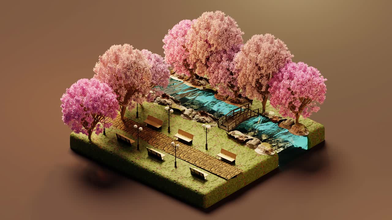 Model of garden with pink blossom trees and benches in light. 3d isometric loop