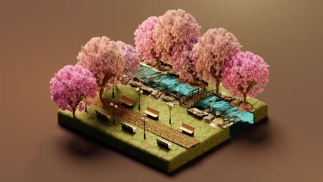 model of garden with pink blossom trees and benches in light. 3d isometric loop