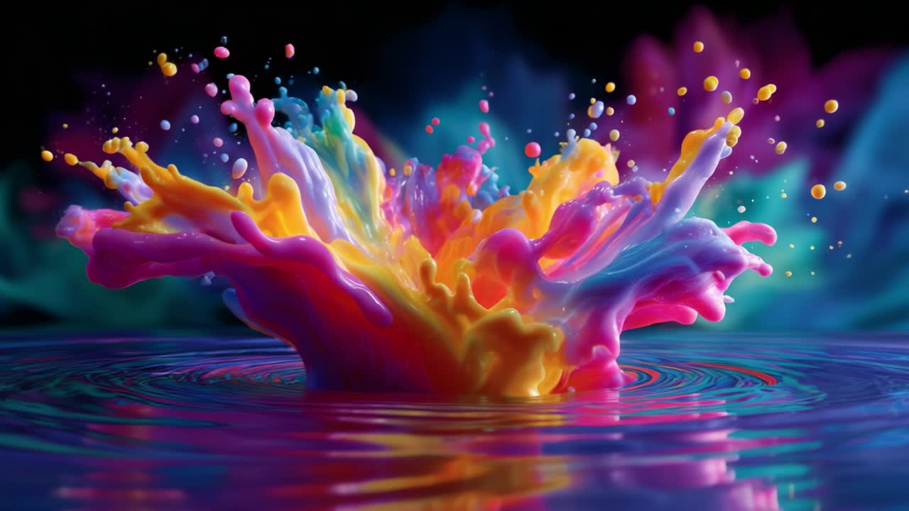 A mesmerizing explosion of vibrant colors captured in stunning detail, where swirling patterns of paint create a stunning visual display that ripples across the water's surface in an enchanting artistic moment