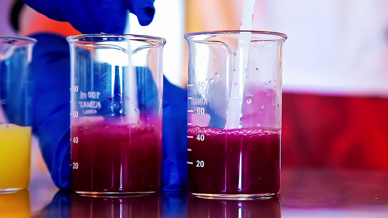 Gloved lab technician stirs color changing red and yellow liquids using plastic spoon