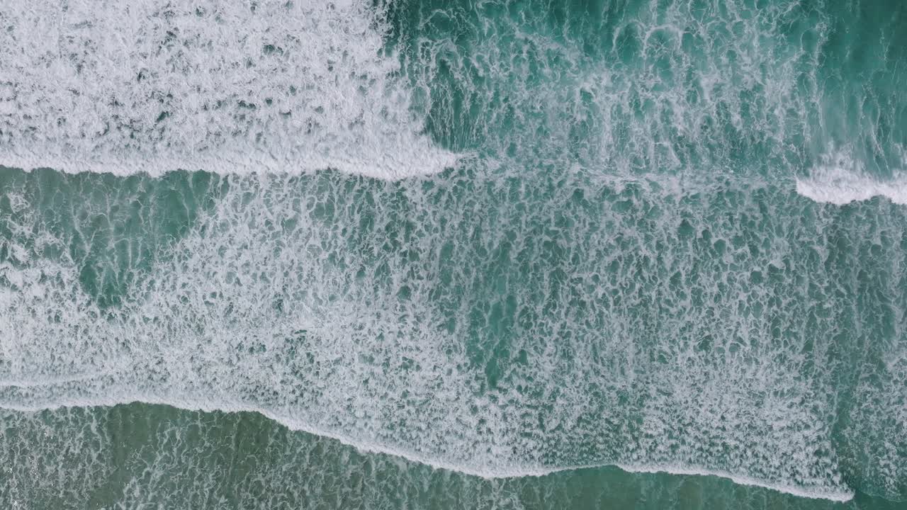 Top View Of Foamy Waves On The Empty Tropical Beach In Razo, La Coruna, Spain