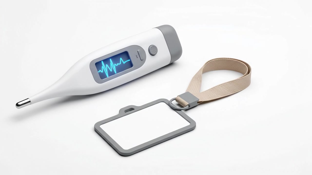 Termometro digitale innovativo che mostra le letture della temperatura e un tag identificativo allegato dal design moderno, con un'estetica elegante per i professionisti sanitari