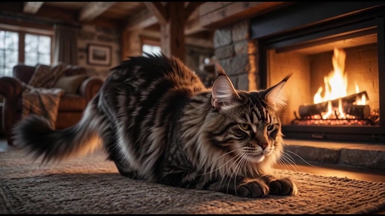 居心地の良い暖炉のそばで伸びをしてあくびをするメインクーン猫
