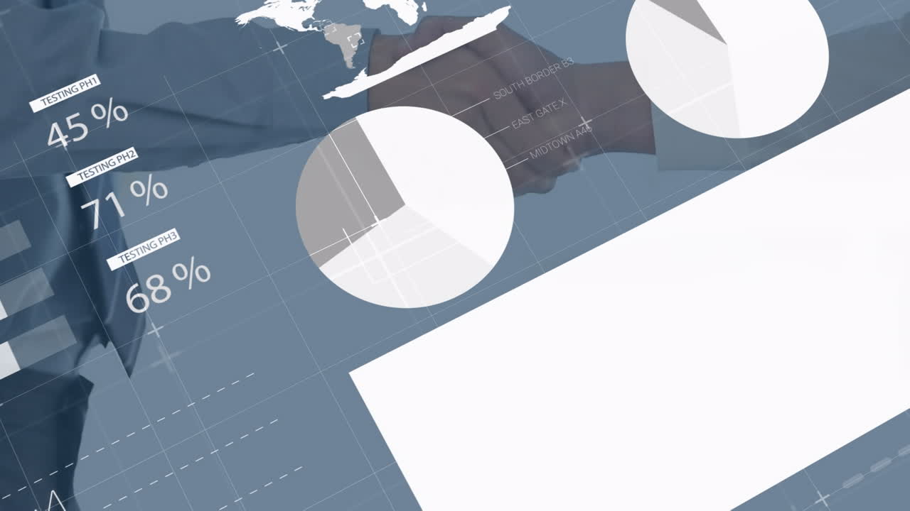 인포그래픽 인터페이스의 애니메이션은 손을 흔드는 기업가들의 중간 부분에 있습니다.