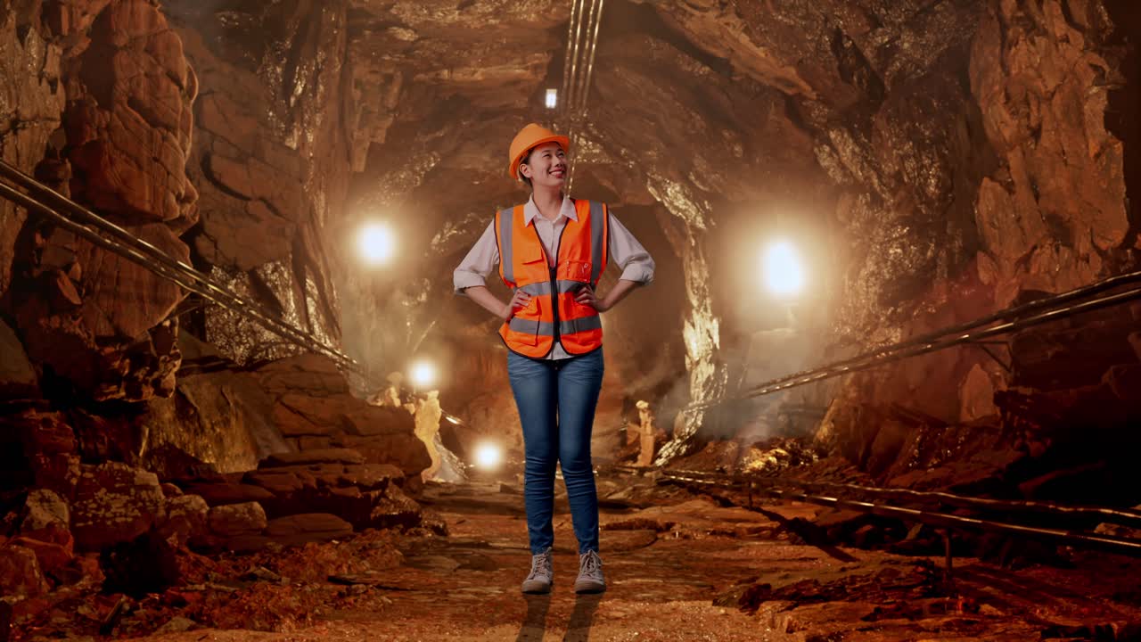 Full Body Of Asian Female Engineer Wearing Safety Helmet Looking Around While Standing With Arms Akimbo In Underground Mine Tunnel