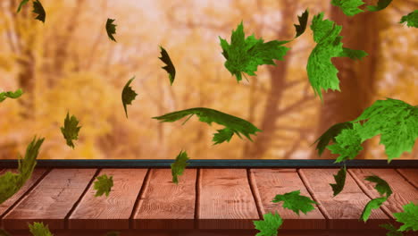 Animation-of-autumn-leaves-falling-over-trees-and-wooden-surface