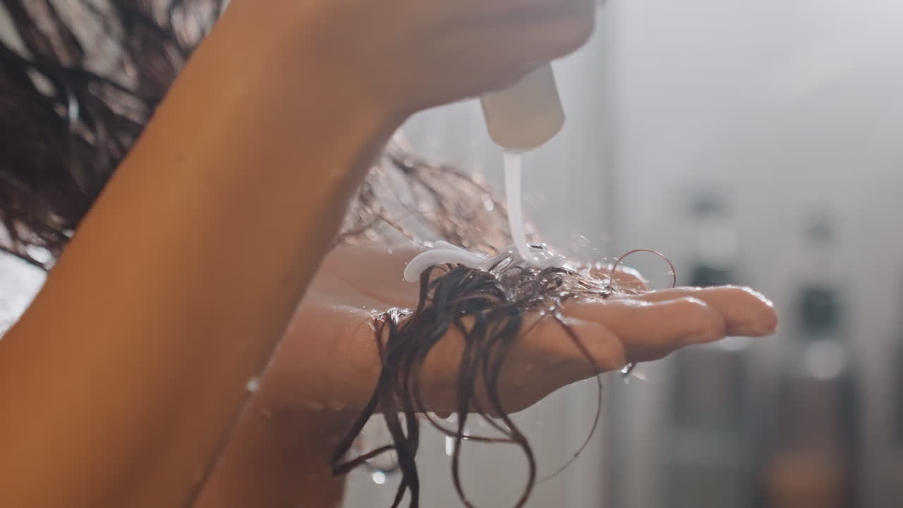 Påføring af bruseprodukt. Cremet hårbehandling i hånden. Nærbillede af hårprodukt, der hældes ud i håndfladen. Cremet hårbehandling vist i detaljeret påføring med skinnende finish og dråber.