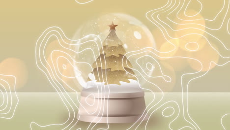 topography and shooting star over christmas tree in snow globe against yellow spots of light