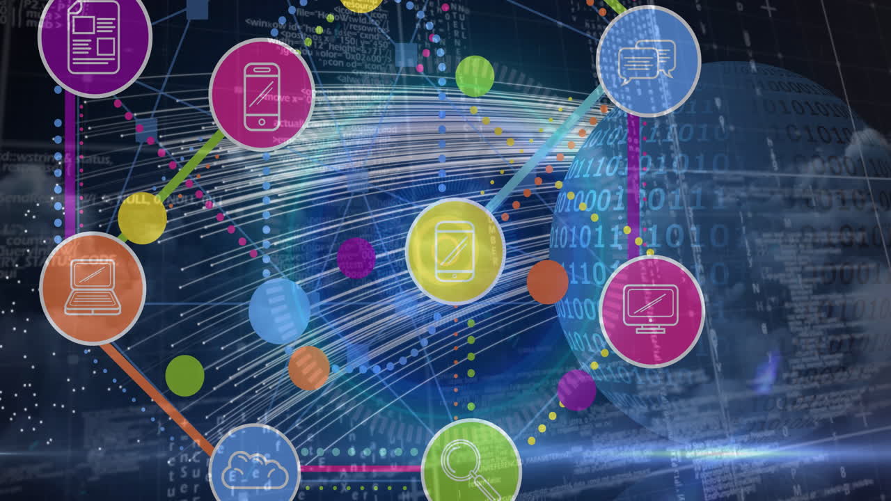 지구상에서 바이너리 코딩에 대해 떠다니는 여러 디지털 아이콘의 디지털 애니메이션