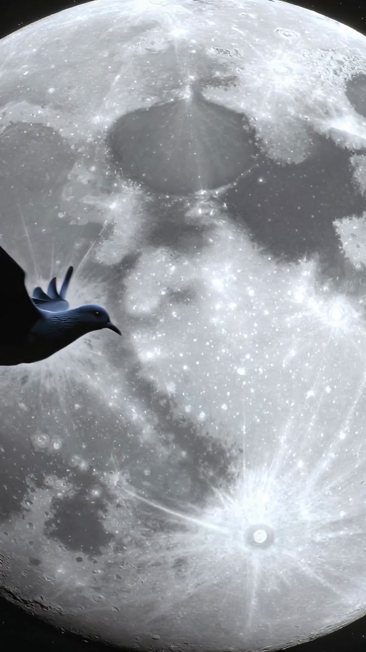 Vertical video: Entering small bird silhouette crossing in front of full lunar disk, passing center