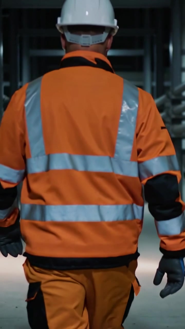 Video vertical: Trabajador caminando por un pasillo con chaqueta naranja de alta visibilidad y gorra blanca.