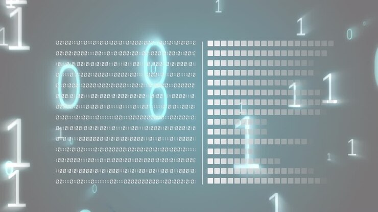 Animation af binær kodning og databehandling over blå baggrund