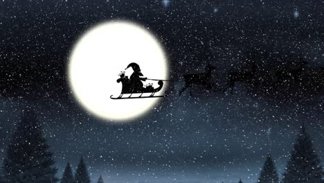 Santa-claus-in-sleigh-being-pulled-by-reindeers-against-christmas-tree-and-moon-in-the-night-sky