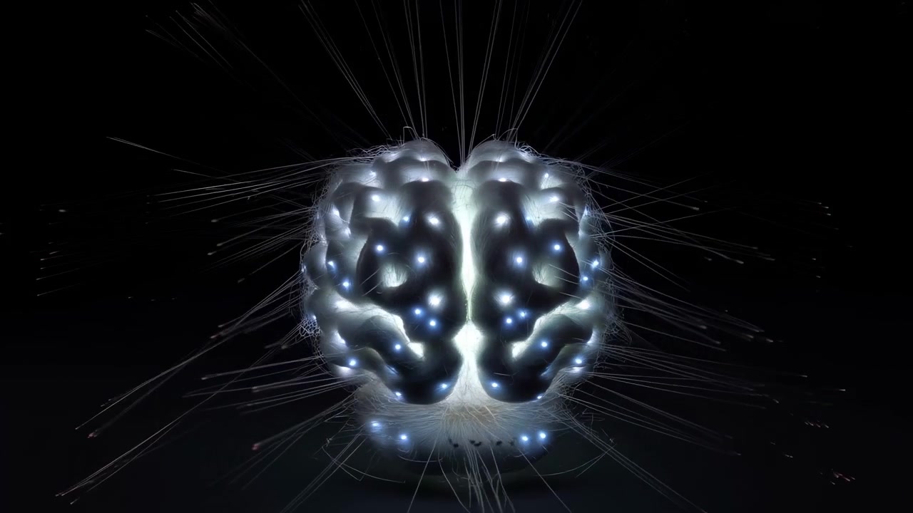 Reflective brain-shaped form turns smoothly in darkness as bright pinpoints shimmer across its folded surface and delicate strands extend outward around centered composition.