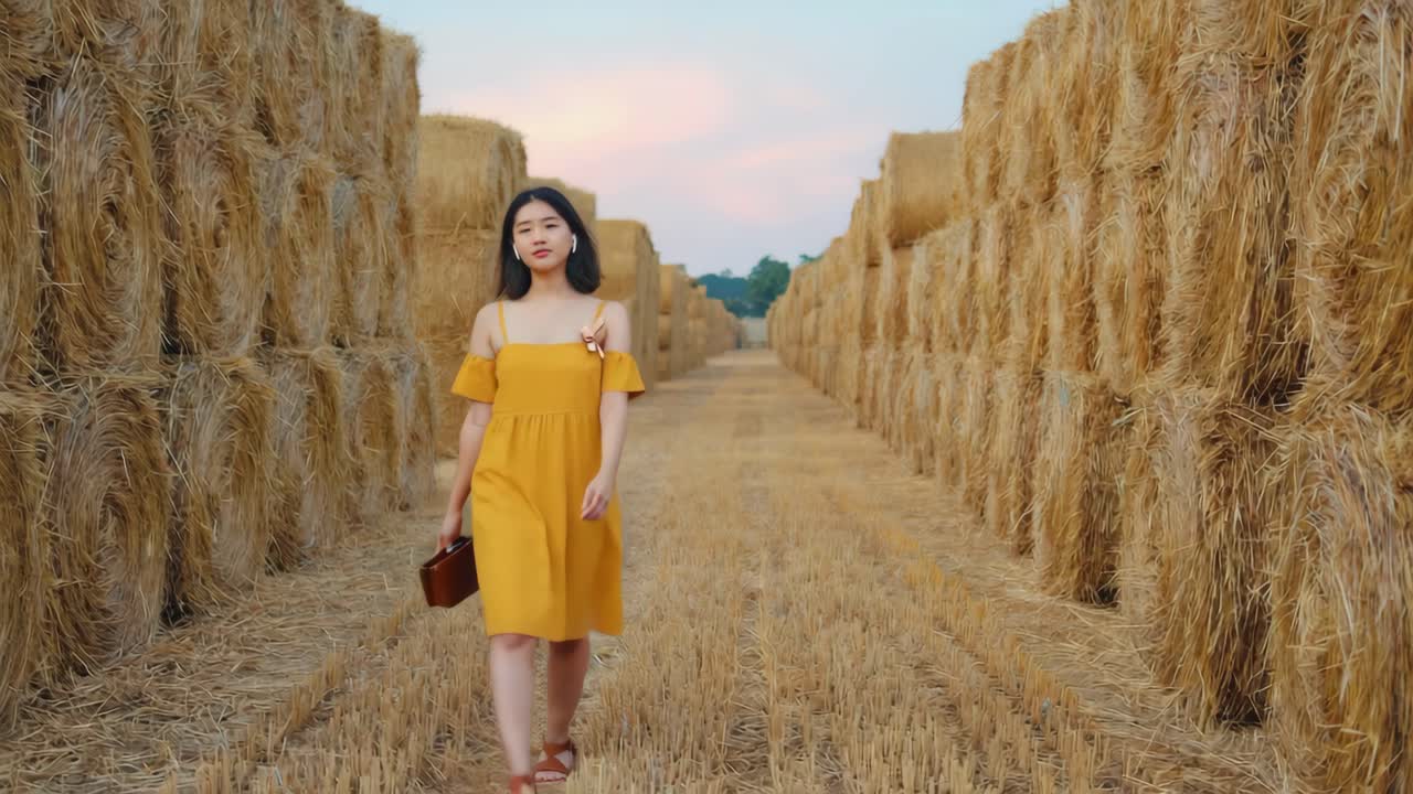 Woman Walking Through Hay Bale Field